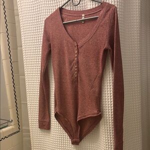 Women's Long Sleeve Henley Bodysuit - Maroon red